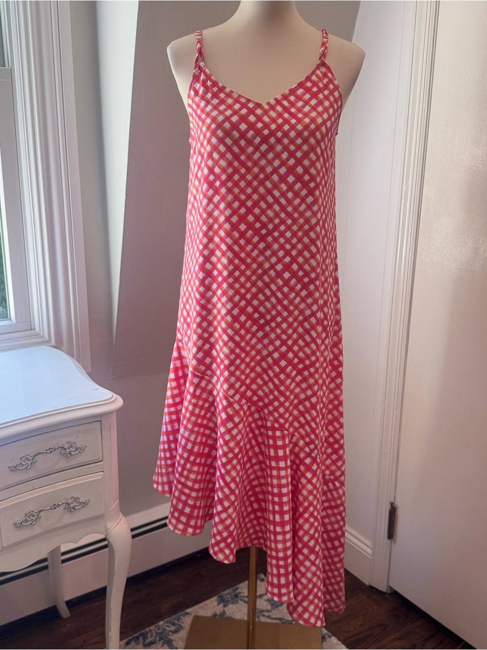 Tommy Bahama Coral Gingham Asymmetrical Maxi Dress | Size Small — NWT